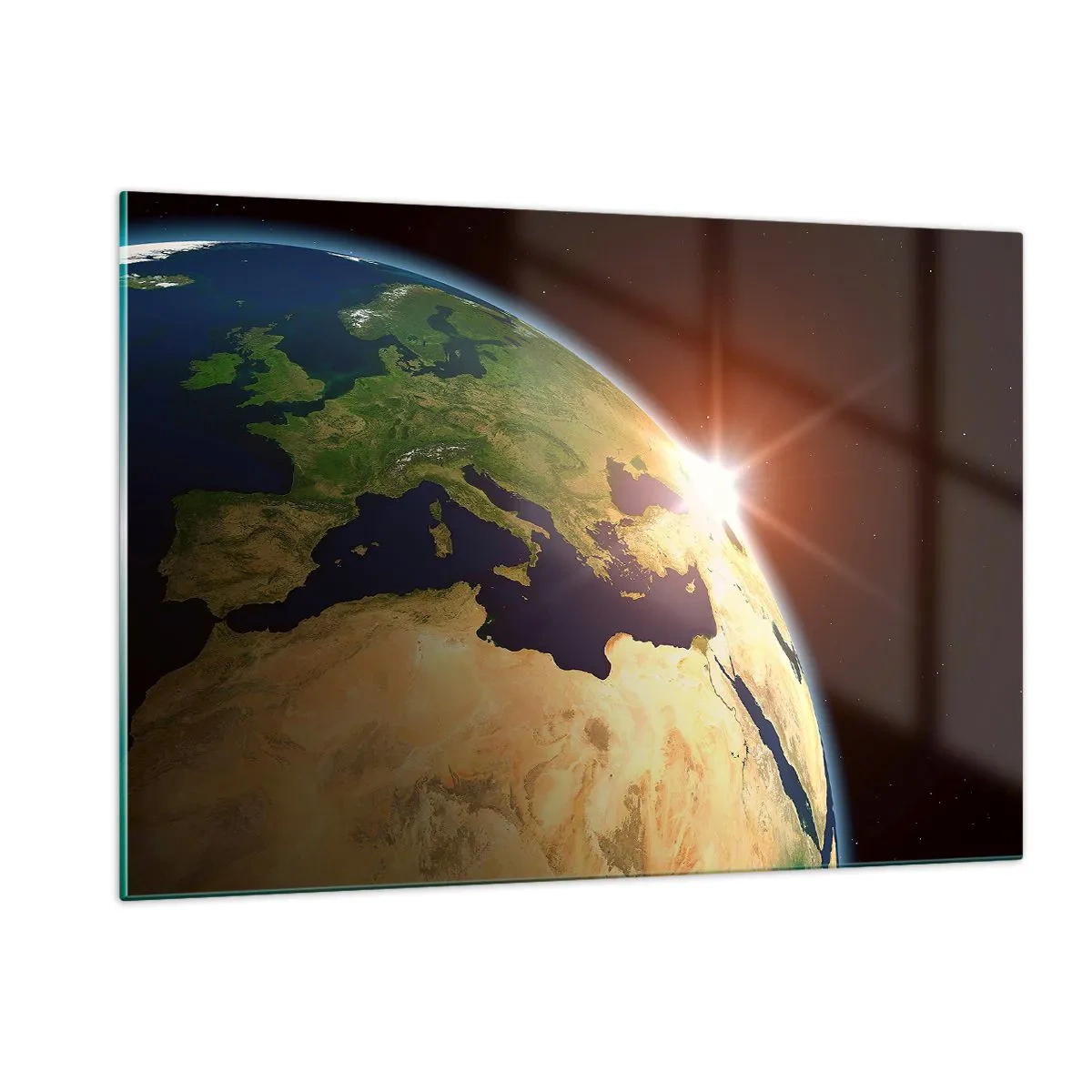 Impression sur verre - Image sur verre - La Terre illuminée par le soleil levant depuis l'espace - 120x80cm - Lever de soleil - Décoration murale moderne pour le salon et la chambre ARTTOR