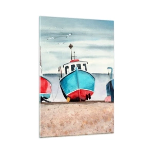 Impression sur verre - Image sur verre - Bateaux de pêche colorés sur le rivage dans un paysage marin - 80x120cm - Prêt pour la pêche - Décoration murale moderne pour le salon et la chambre ARTTOR