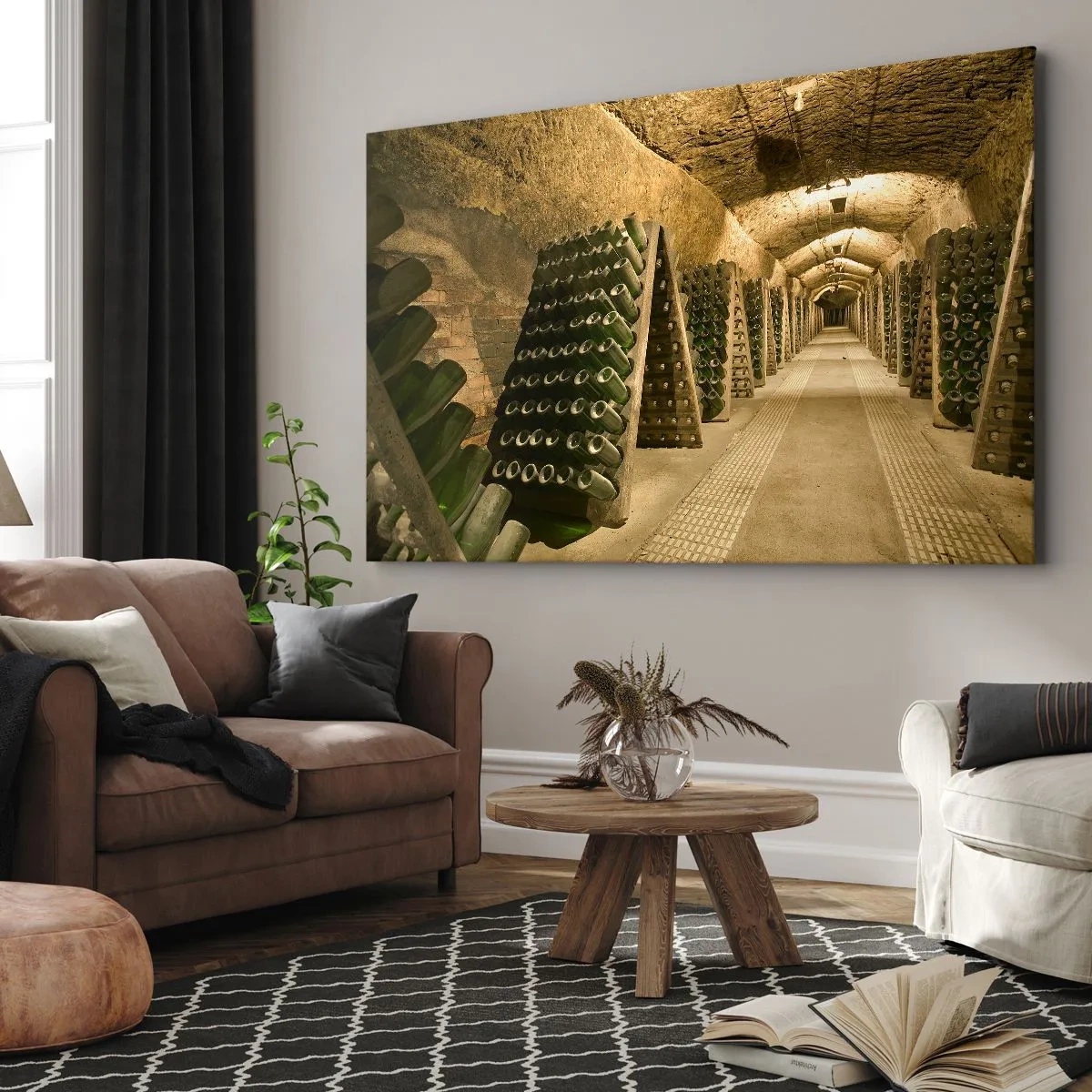 Impression sur toile - Image sur toile - Un vignoble avec une cave remplie de bouteilles de vin exposées sur des étagères en bois. - 120x80cm - L'éveil du goût - Décoration murale moderne pour le salon et la chambre ARTTOR