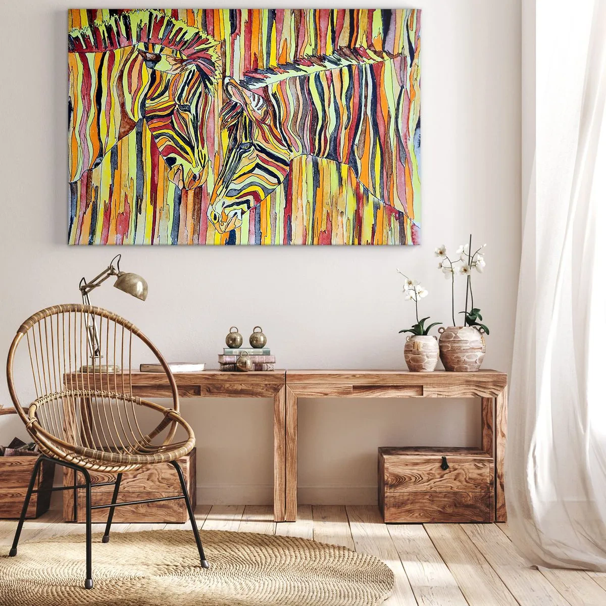 Impression sur toile - Image sur toile - Zèbres colorés sur fond de rayures abstraites - 100x70cm - Et donc toi aussi... - Décoration murale moderne pour le salon et la chambre ARTTOR