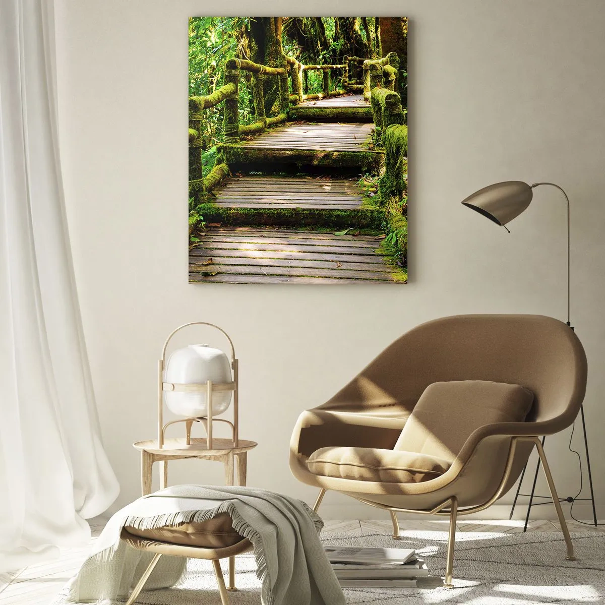 Impression sur verre - Image sur verre - Un pont en bois recouvert de mousse dans une forêt tropicale - 80x120cm - Un couloir de verdure - Décoration murale moderne pour le salon et la chambre ARTTOR