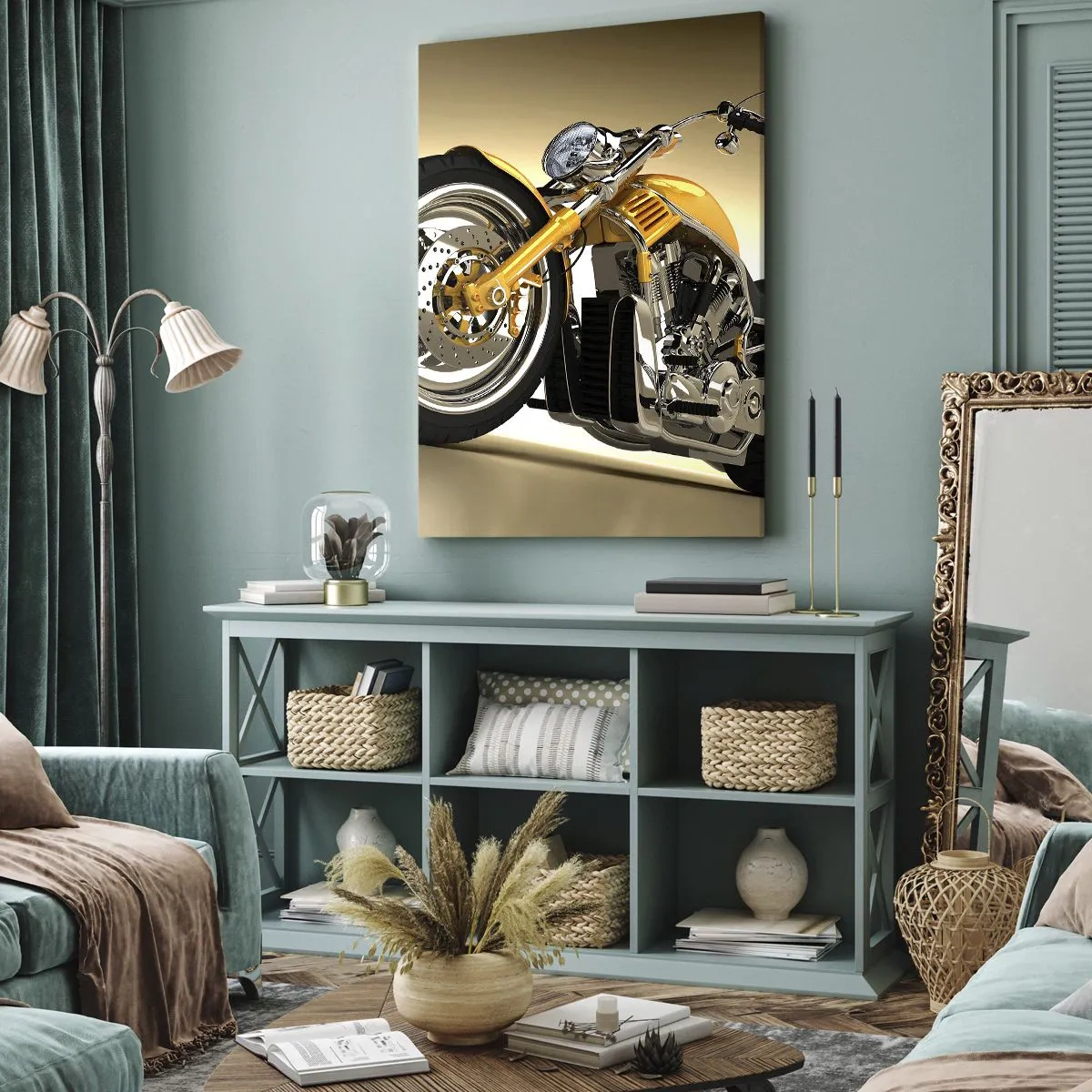 Impression sur toile - Image sur toile - Une moto jaune de style chopper contre un mur beige - 70x100cm - Un rêve de force et de vitesse - Décoration murale moderne pour le salon et la chambre ARTTOR
