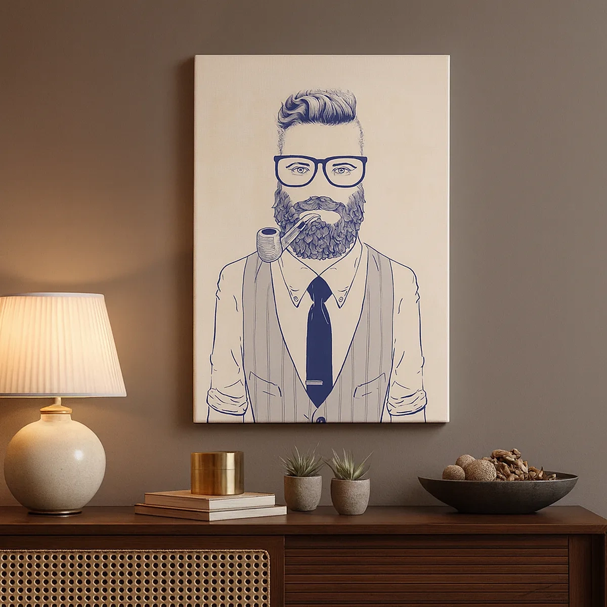 Impression sur toile - Image sur toile - Homme stylisé avec une barbe, une pipe et des lunettes - 50x70cm - Gai, masculin et à la mode - Décoration murale moderne pour le salon et la chambre ARTTOR