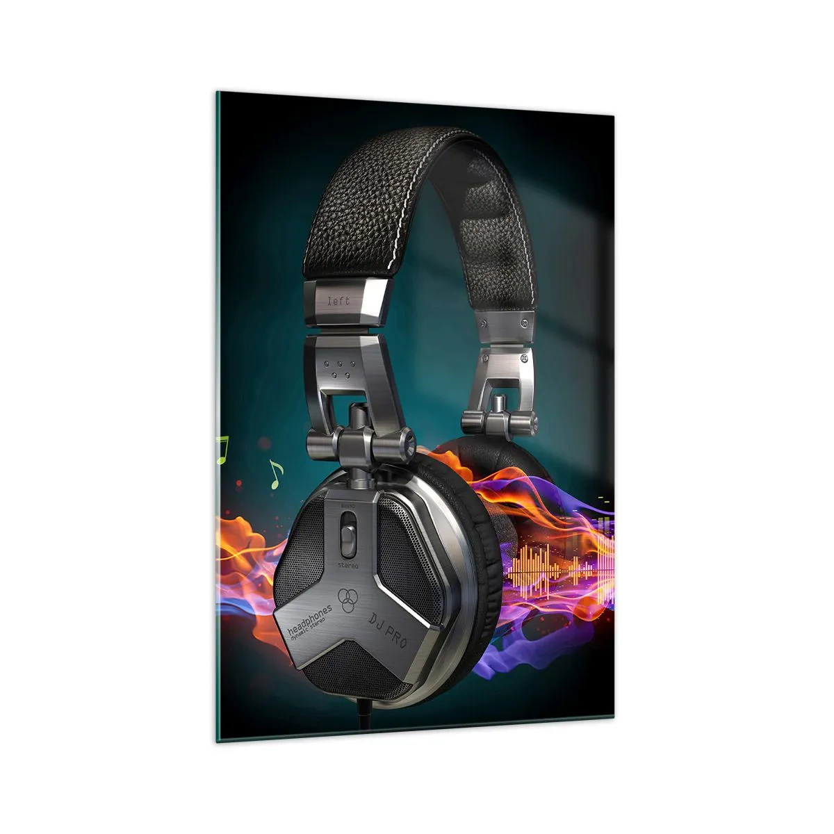 Impression sur verre - Image sur verre - Casque noir avec effet de visualisation musicale colorée - 70x100cm - Dans le feu de la musique - Décoration murale moderne pour le salon et la chambre ARTTOR
