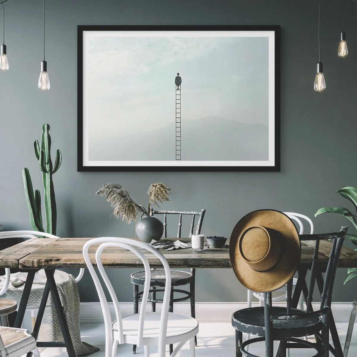 Affiche dans un cadre noir - Poster - Un homme sur une échelle s'élevant vers le ciel - 100x70cm - Se soulever au-dessus - Décoration murale moderne pour le salon et la chambre ARTTOR