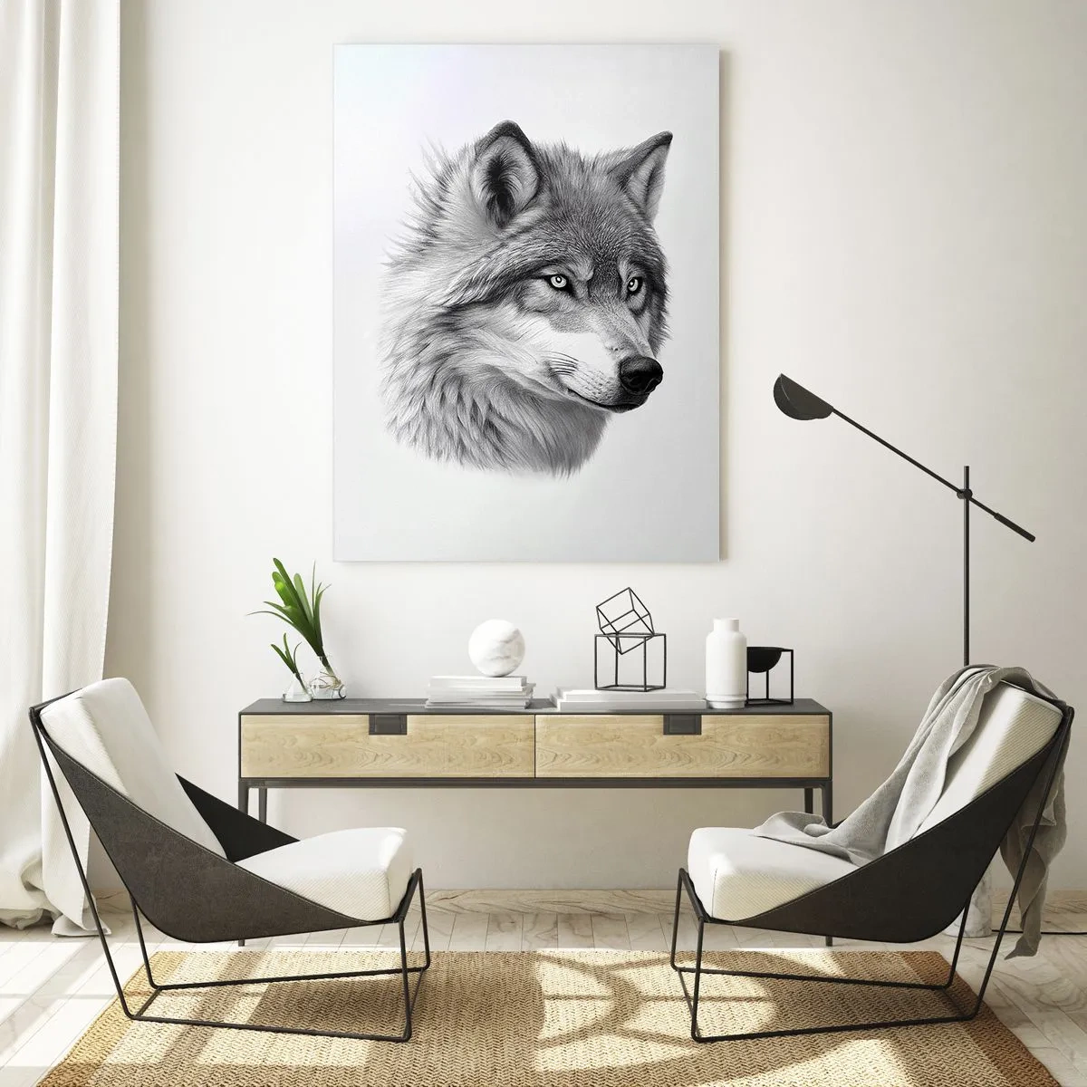 Impression sur verre - Image sur verre - Portrait noir et blanc d'un loup au regard perçant - 50x70cm - Alpha – sans aucun doute - Décoration murale moderne pour le salon et la chambre ARTTOR