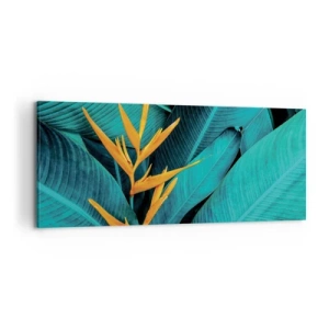 Impression sur toile - Image sur toile - Une fleur exotique sur fond de feuilles de bananier aux tons turquoise. - 120x50cm - Fleur d'Eden - Décoration murale moderne pour le salon et la chambre ARTTOR