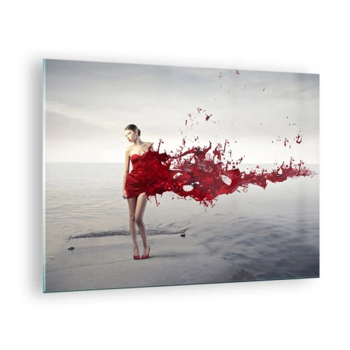 Impression sur verre - Image sur verre - La figure d'une femme en robe rouge sur fond de mer - 70x50cm - Passionné comme l'écarlate - Décoration murale moderne pour le salon et la chambre ARTTOR
