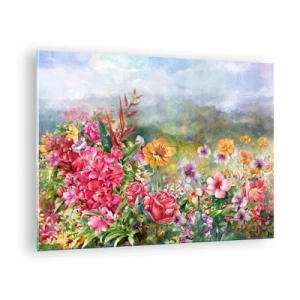 Impression sur verre - Image sur verre - Un bouquet de fleurs colorées dans un paysage pittoresque - 70x50cm - Un jardin devenu fou - Décoration murale moderne pour le salon et la chambre ARTTOR