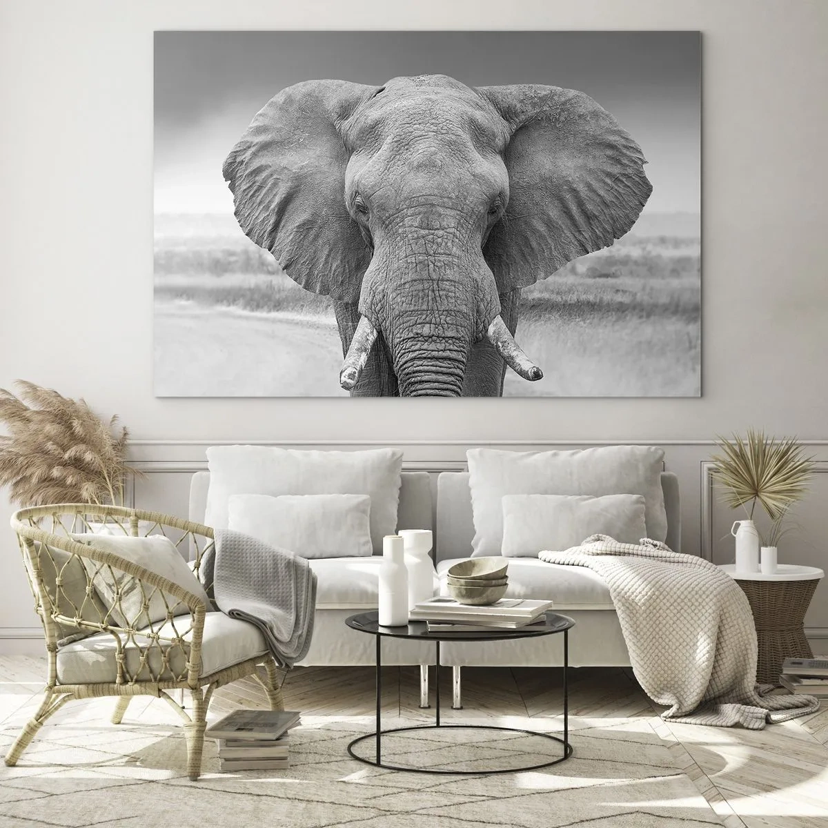 Impression sur verre - Image sur verre - Portrait noir et blanc d'un éléphant dans la savane - 100x70cm - Bienvenue dans mon monde - Décoration murale moderne pour le salon et la chambre ARTTOR