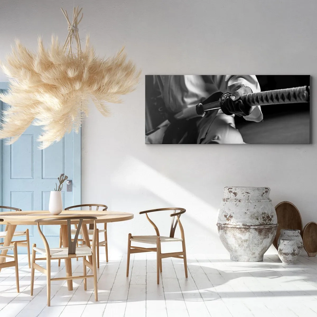 Impression sur toile - Image sur toile - Un samouraï en kimono tenant un katana en noir et blanc. - 140x50cm - Âme de guerrier - Décoration murale moderne pour le salon et la chambre ARTTOR