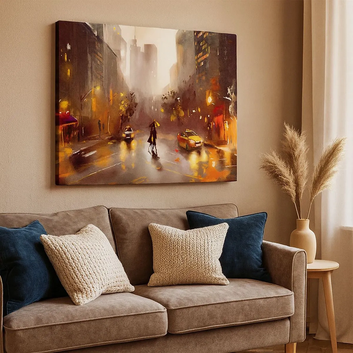 Impression sur toile - Image sur toile - Une scène urbaine la nuit à la lumière des lampadaires et des reflets sur une rue mouillée. - 70x50cm - Dans les lumières de New-York - Décoration murale moderne pour le salon et la chambre ARTTOR