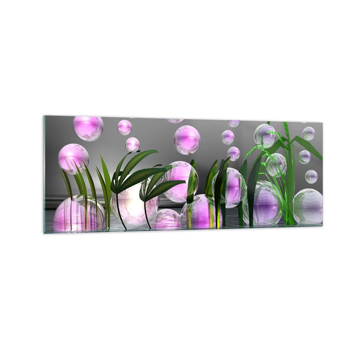 Impression sur verre - Image sur verre - Feuilles vertes et bulles roses au-dessus de l'eau sur fond gris - 140x50cm - Une composition réfléchissante de légèreté et de vie - Décoration murale moderne pour le salon et la chambre ARTTOR