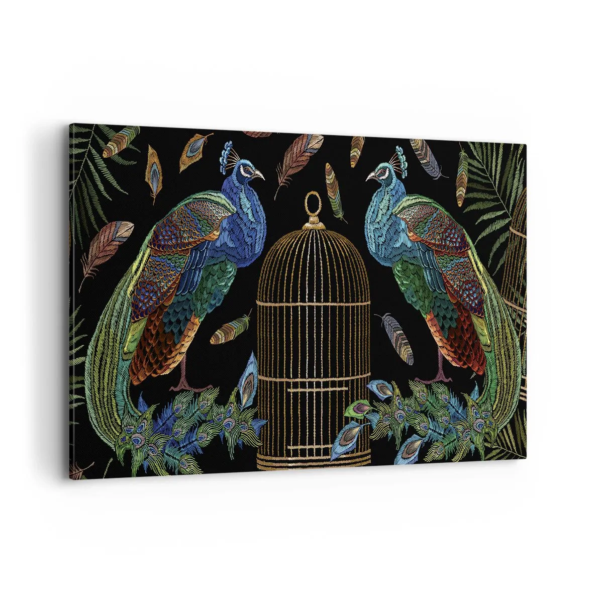 Impression sur toile - Image sur toile - Paons à côté d'une cage dorée sur fond noir - 120x80cm - En robes royales - Décoration murale moderne pour le salon et la chambre ARTTOR