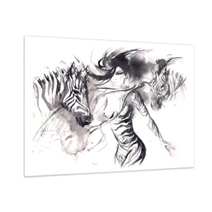 Impression sur verre - Image sur verre - Composition en noir et blanc avec une femme et un zèbre dans un style artistique - 100x70cm - Danse avec les zèbres - Décoration murale moderne pour le salon et la chambre ARTTOR