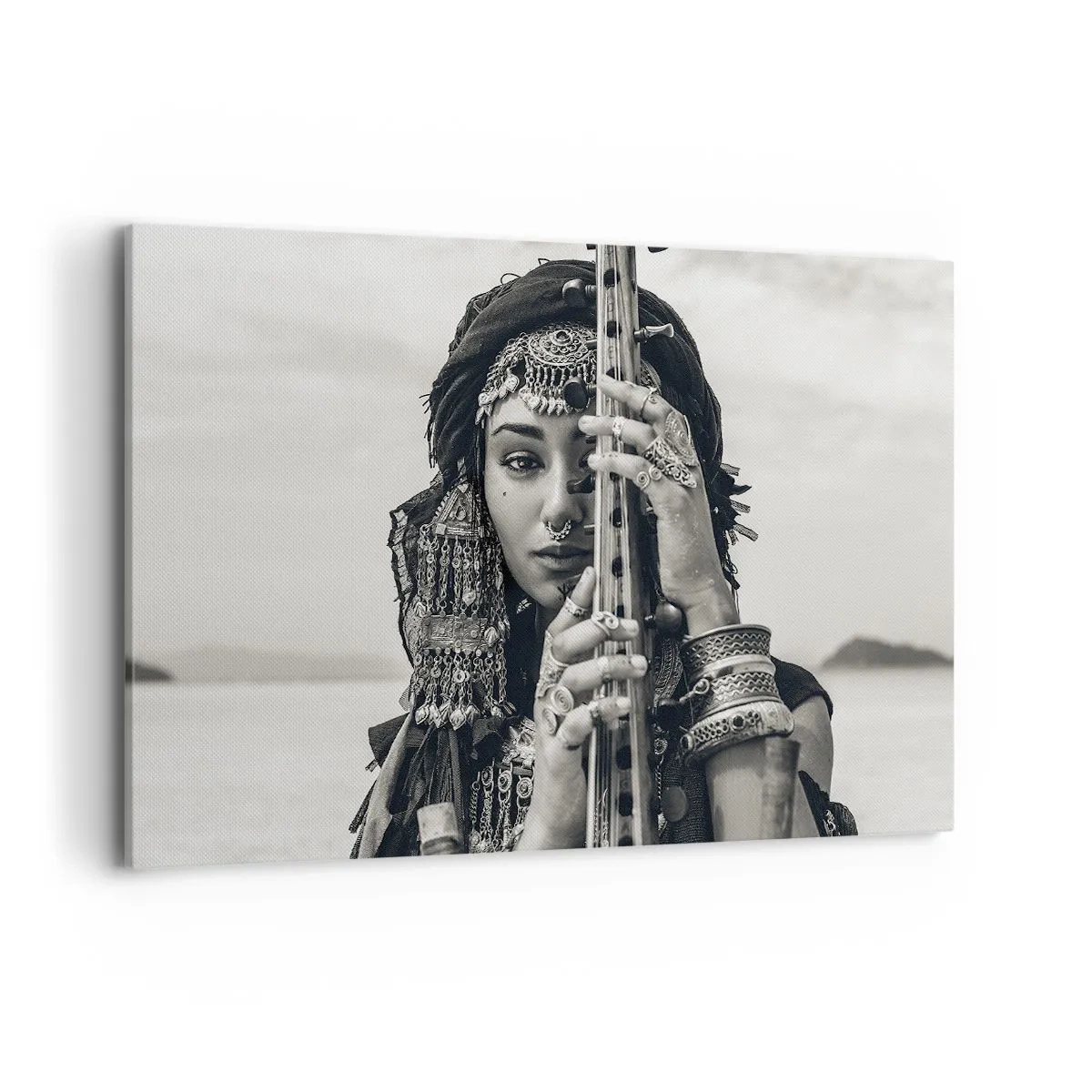 Impression sur toile - Image sur toile - Portrait d'une femme en bijoux ethniques tenant un instrument à la main - 120x80cm - Musique de l'Orient elle-même - Décoration murale moderne pour le salon et la chambre ARTTOR