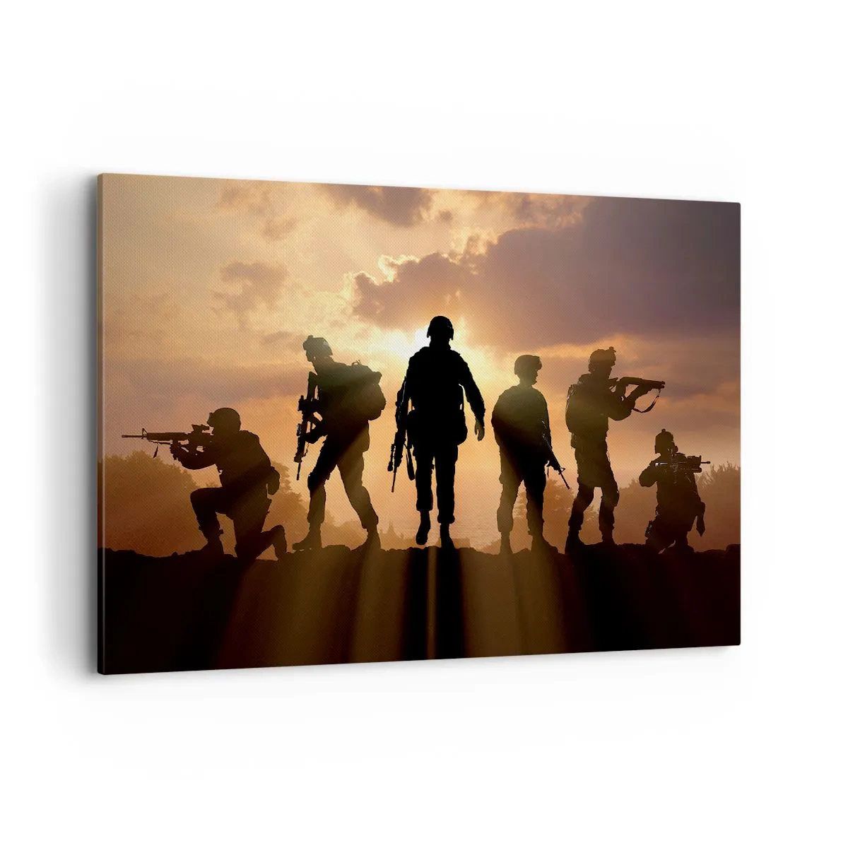 Impression sur toile - Image sur toile - Soldats sur fond de soleil couchant dans un décor dynamique - 120x80cm - Brothers in arms - Décoration murale moderne pour le salon et la chambre ARTTOR