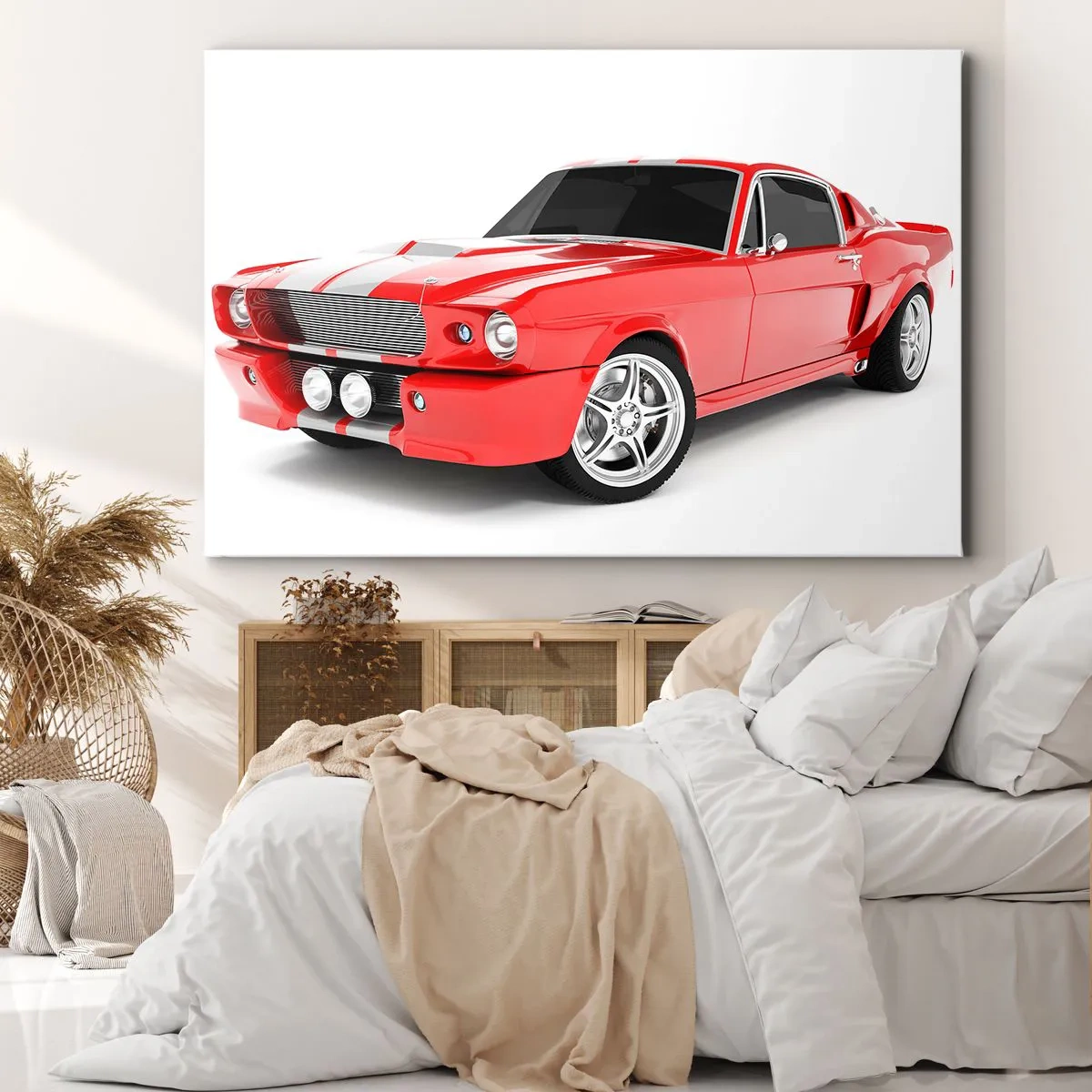 Impression sur toile - Image sur toile - Voiture de sport rouge à rayures blanches - 70x50cm - Une Mustang aussi rapide que le vent - Décoration murale moderne pour le salon et la chambre ARTTOR