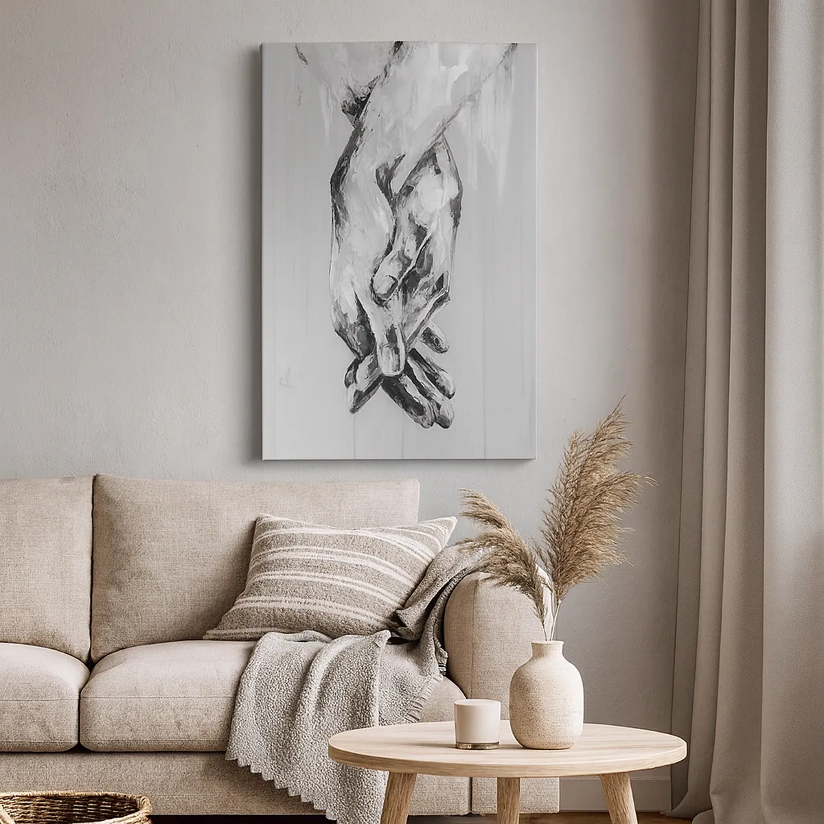 Impression sur toile - Image sur toile - Une composition en noir et blanc de deux mains jointes sur un fond clair. - 50x70cm - Début... - Décoration murale moderne pour le salon et la chambre ARTTOR