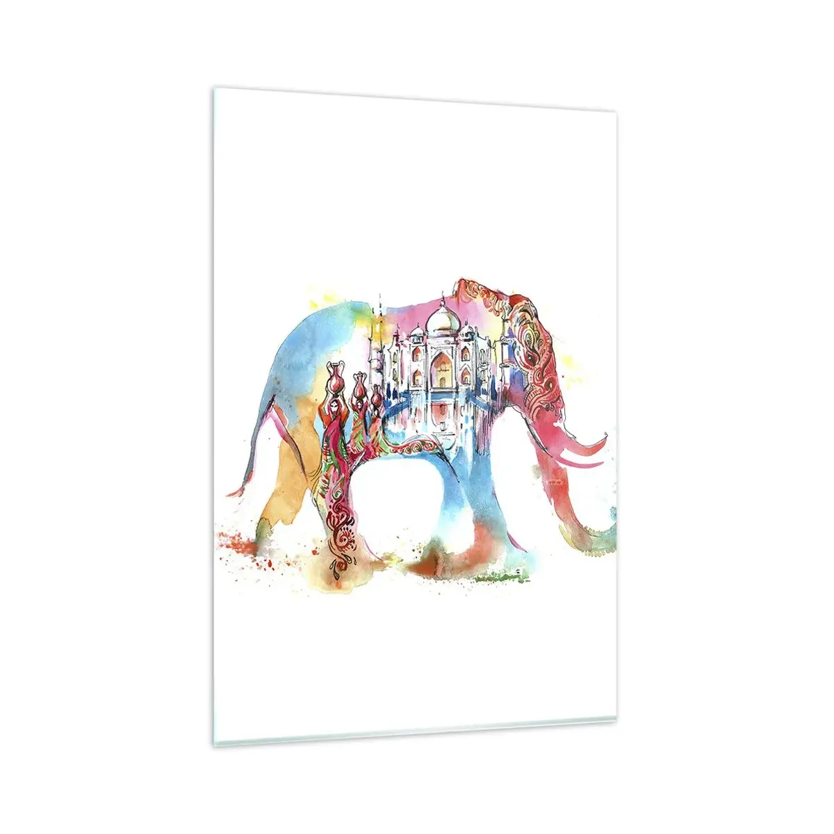 Impression sur verre - Image sur verre - Aquarelle colorée d'un éléphant avec un motif du Taj Mahal - 80x120cm - Inde - l'aura de l'amour - Décoration murale moderne pour le salon et la chambre ARTTOR