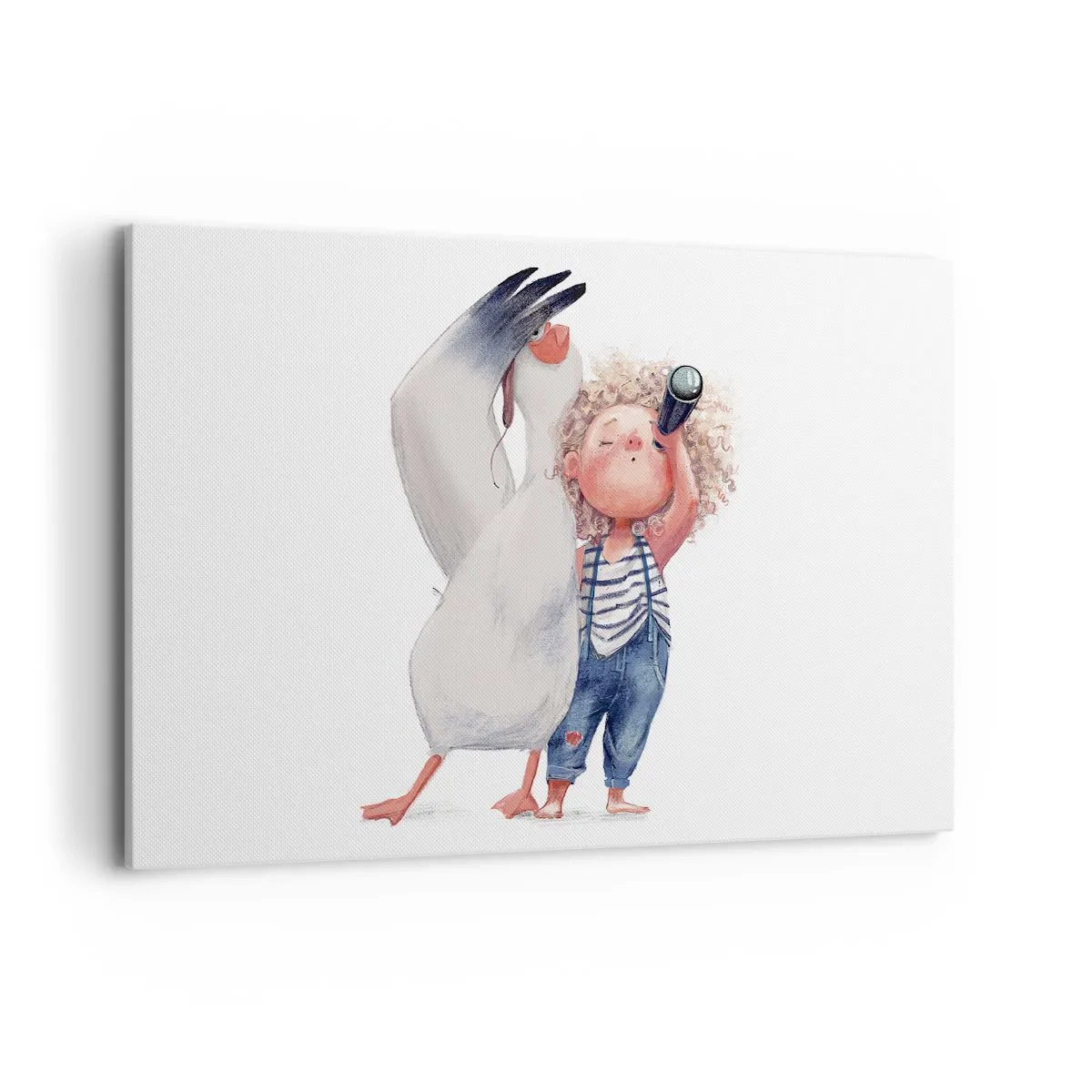 Impression sur toile - Image sur toile - Illustration d'un enfant avec un pélican et un télescope à la main - 120x80cm - Plan de grand voyage - Décoration murale moderne pour le salon et la chambre ARTTOR