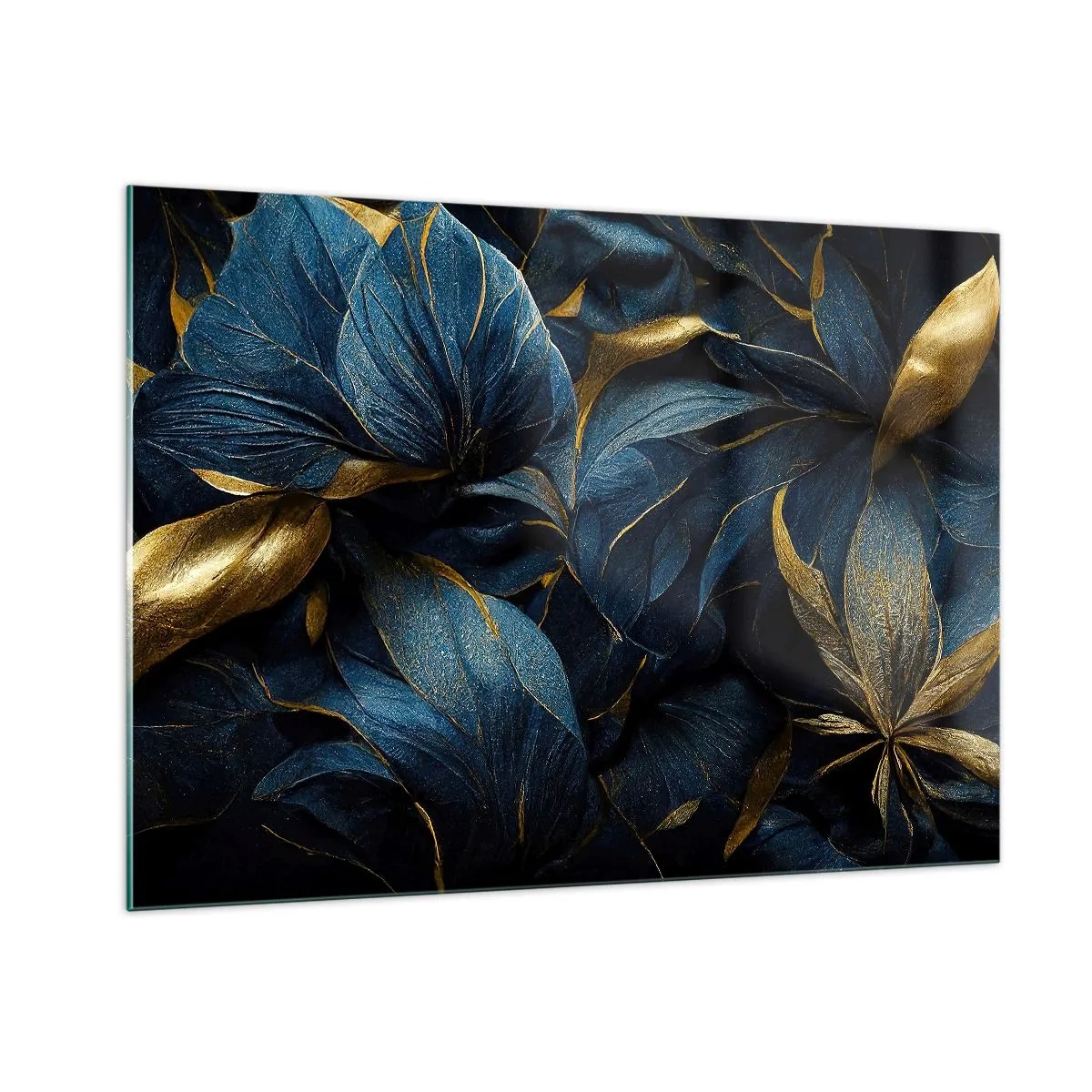 Impression sur verre - Image sur verre - Feuilles bleu foncé avec de subtils accents dorés - 100x70cm - Des dessous dorés - Décoration murale moderne pour le salon et la chambre ARTTOR
