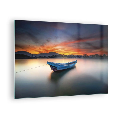 Impression sur verre - Image sur verre - Bateau en bois sur le lac au coucher du soleil - 70x50cm - Une bonne nuit arrive - Décoration murale moderne pour le salon et la chambre ARTTOR