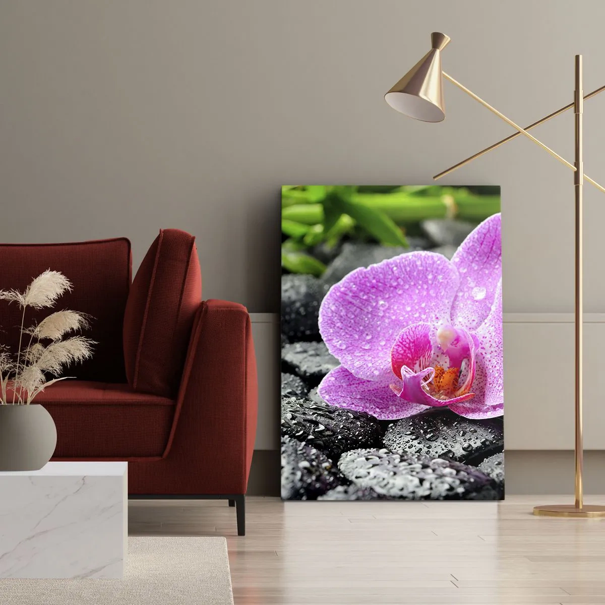 Impression sur toile - Image sur toile - Orchidée rose sur des pierres noires humides avec des feuilles vertes - 70x100cm - Comme un coeur ouvert - Décoration murale moderne pour le salon et la chambre ARTTOR
