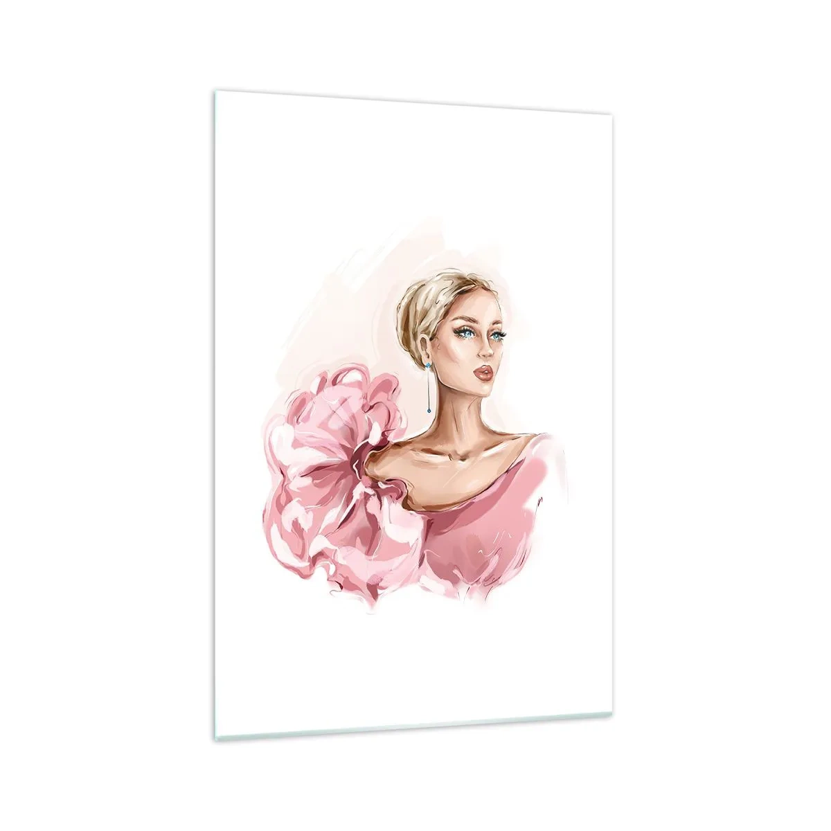 Impression sur verre - Image sur verre - Portrait d'une femme en robe rose sur fond clair - 70x100cm - Comme peinte... - Décoration murale moderne pour le salon et la chambre ARTTOR
