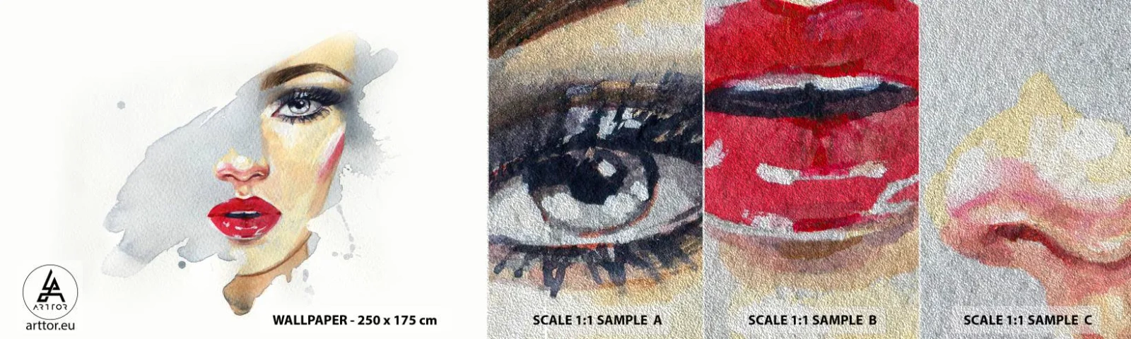 Échantillon de Papier Peint Premium Sand - Reflet dans une goutte d'eau - Visage de femme, Femme, lèvres rouges - 100x30 cm