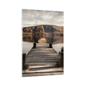 Impression sur verre - Image sur verre - Une jetée en bois sur un lac entouré de collines pittoresques - 70x100cm - Paysage silencieux - Décoration murale moderne pour le salon et la chambre ARTTOR