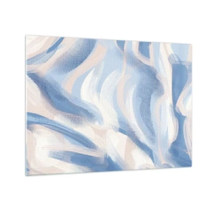 Impression sur verre - Image sur verre - Traits abstraits en bleu, blanc et beige dans une forme ondulée - 70x50cm - Vagues bleues - Décoration murale moderne pour le salon et la chambre ARTTOR