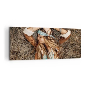 Impression sur toile - Image sur toile - Femme de style bohème allongée sur du foin - 120x50cm - En route vers les années d'amour - Décoration murale moderne pour le salon et la chambre ARTTOR