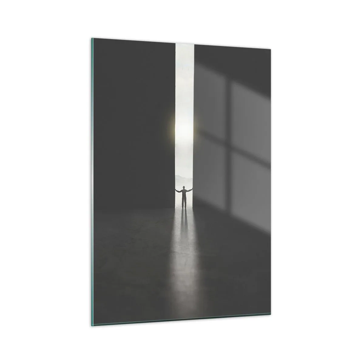 Impression sur verre - Image sur verre - Silhouette d'un homme ouvrant une porte sur une lumière vive - 50x70cm - Étape vers un avenir radieux - Décoration murale moderne pour le salon et la chambre ARTTOR