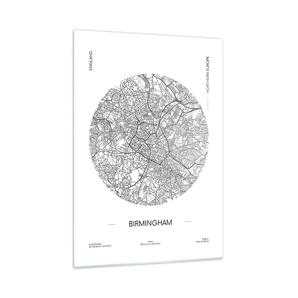 Impression sur verre - Image sur verre - Carte de Birmingham en noir et blanc dans un style graphique moderne - 50x70cm - Anatomie de Birmingham - Décoration murale moderne pour le salon et la chambre ARTTOR