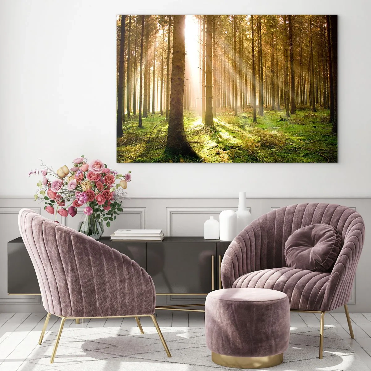 Impression sur verre - Image sur verre - Les rayons du soleil pénètrent à travers les arbres de la forêt - 70x50cm - Les elfes vont bientôt apparaître - Décoration murale moderne pour le salon et la chambre ARTTOR
