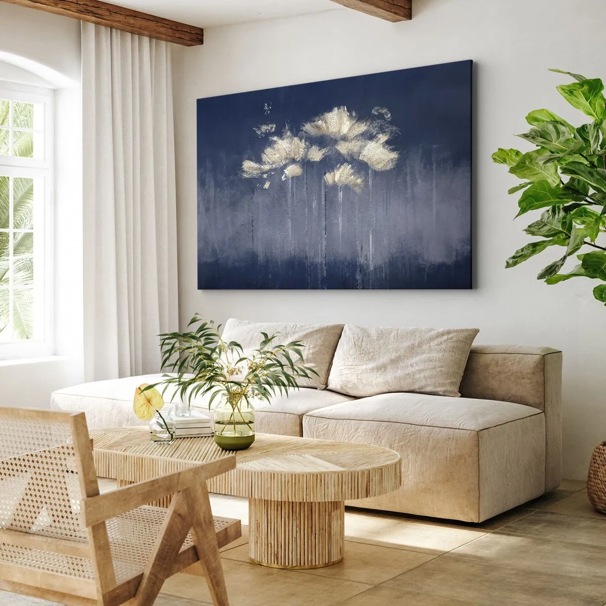 Impression sur toile - Image sur toile - Fleurs délicates sur fond bleu - 120x80cm - Comme des pétales au vent - Décoration murale moderne pour le salon et la chambre ARTTOR