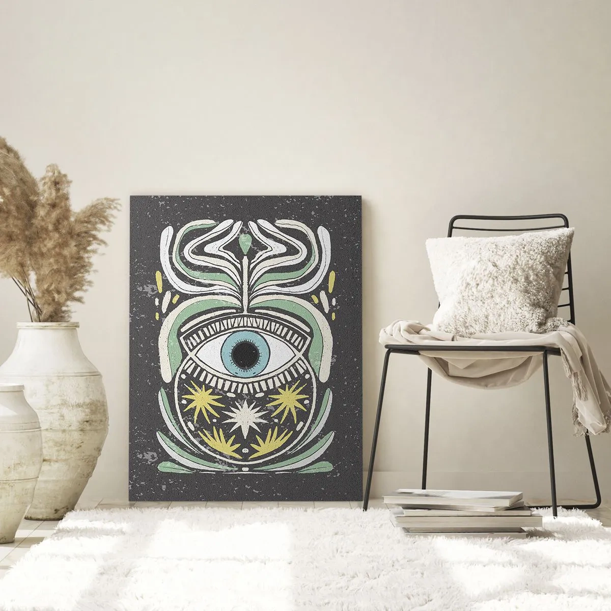 Impression sur verre - Image sur verre - Œil graphique avec ornementation tribale sur fond sombre - 50x70cm - Rituels tribaux - Décoration murale moderne pour le salon et la chambre ARTTOR