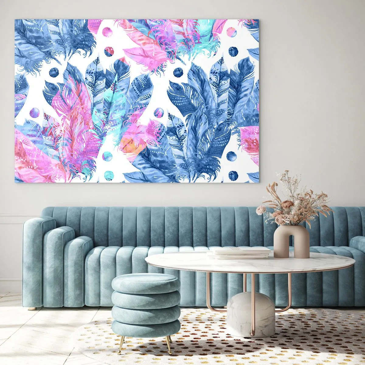 Impression sur verre - Image sur verre - Plumes colorées dans des tons de rose et de bleu sur fond blanc - 70x50cm - Plumes en rose et bleu - Décoration murale moderne pour le salon et la chambre ARTTOR