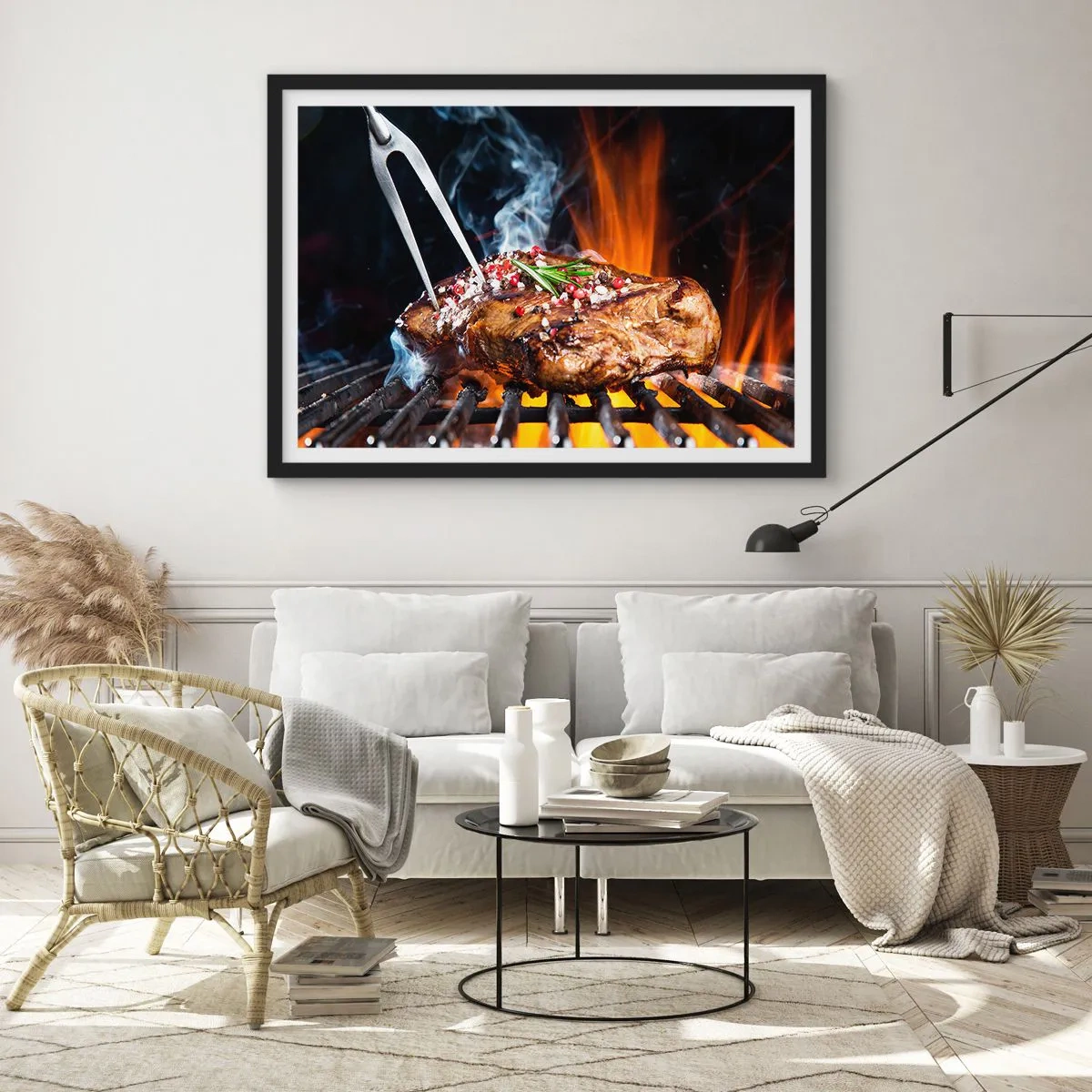 Affiche dans un cadre noir - Poster - Steak grillé sur un gril aux épices - 70x50cm - Juteux et parfumé - Décoration murale moderne pour le salon et la chambre ARTTOR