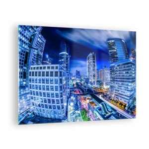 Impression sur verre - Image sur verre - Panorama d'une ville moderne la nuit avec des lumières vives - 70x50cm - Rythmes de la ville nocturne - Décoration murale moderne pour le salon et la chambre ARTTOR