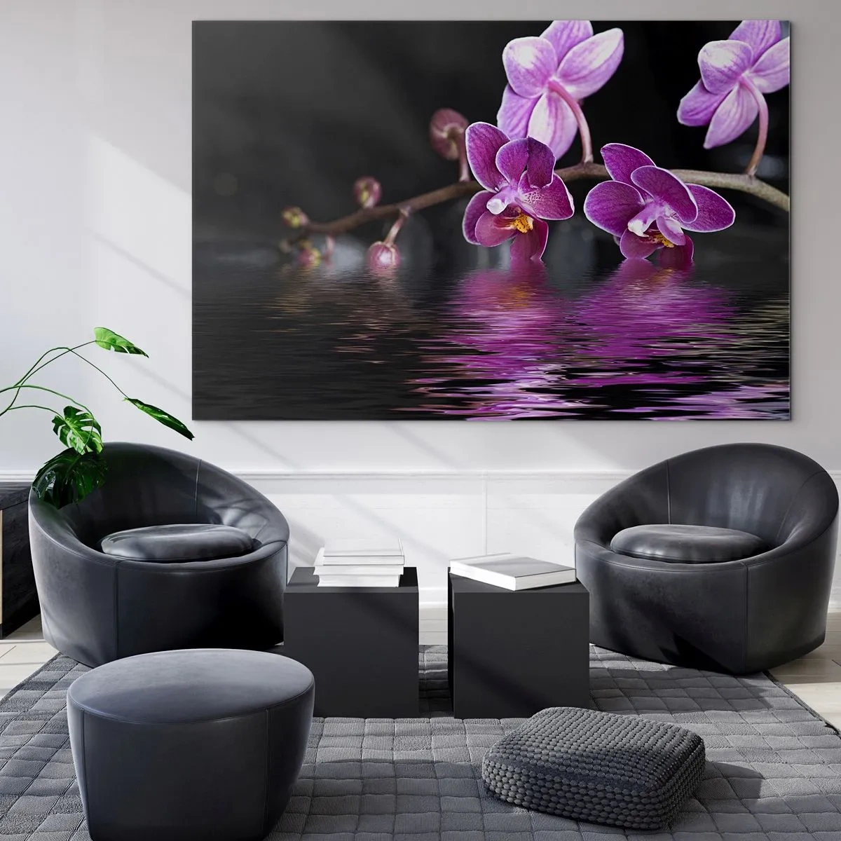 Impression sur verre - Image sur verre - Orchidées violettes se reflétant dans l'eau - 120x80cm - Reflet lilas de la beauté - Décoration murale moderne pour le salon et la chambre ARTTOR