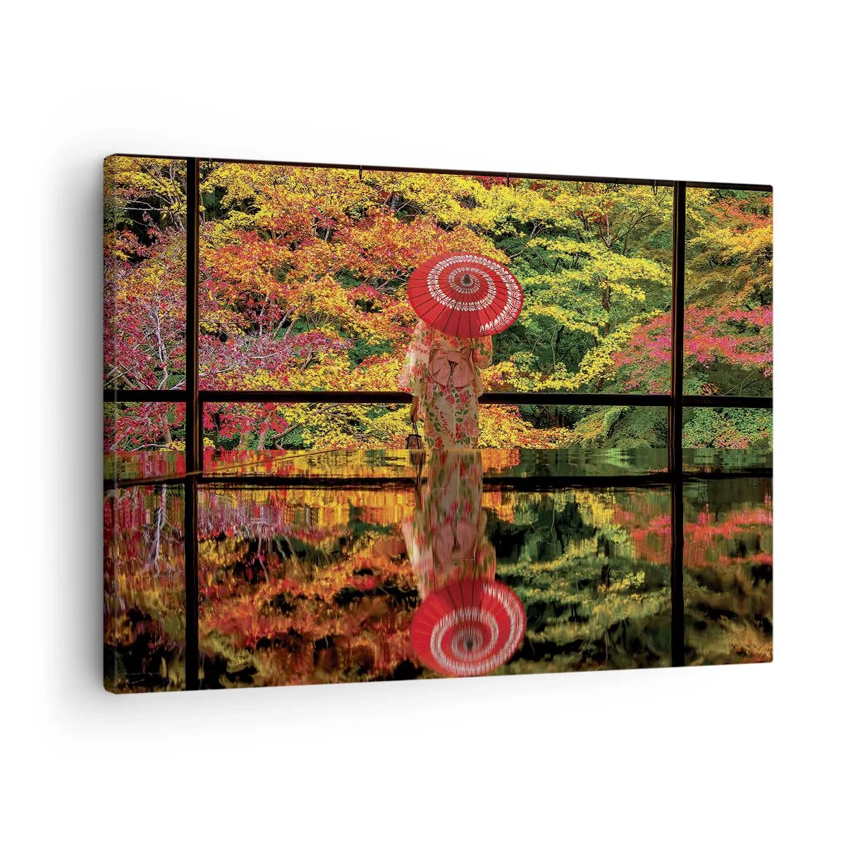 Impression sur toile - Image sur toile - Une femme en kimono avec un parapluie sur fond de paysage d'automne. - 70x50cm - Dans le temple de la nature - Décoration murale moderne pour le salon et la chambre ARTTOR