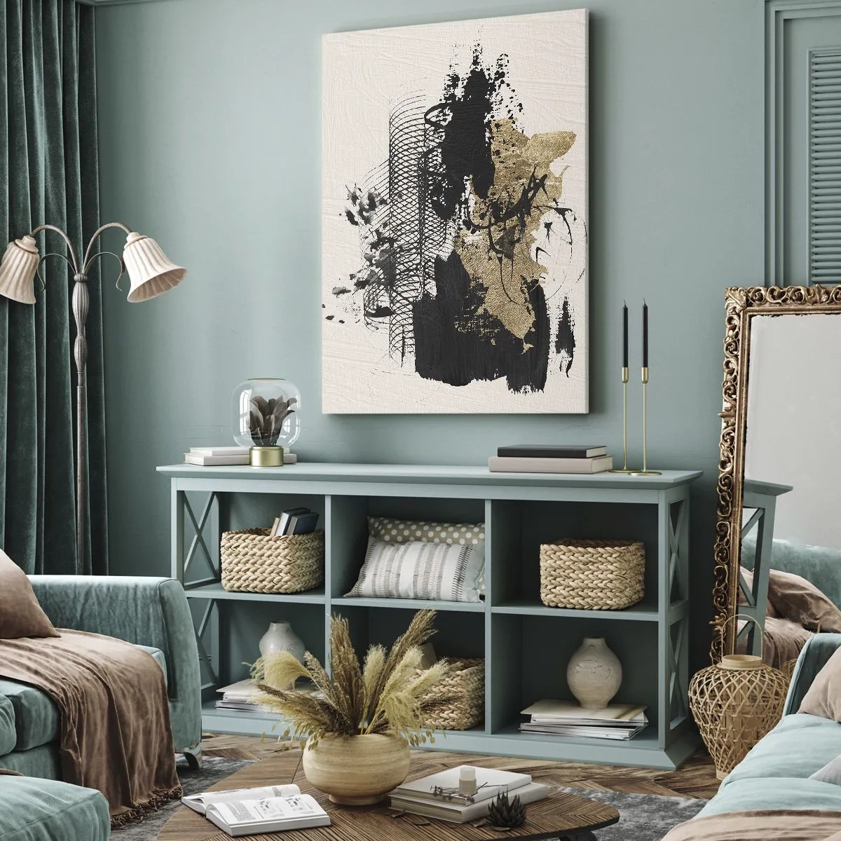 Impression sur toile - Image sur toile - Une peinture abstraite en noir et or avec des lignes et des structures dynamiques. - 50x70cm - Composer avec passion - Décoration murale moderne pour le salon et la chambre ARTTOR