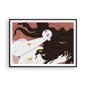 Affiche dans un cadre noir - Poster - Une silhouette aux yeux fermés entourée de chevaux dorés - 100x70cm - Rêve d'un cheval d'or - Décoration murale moderne pour le salon et la chambre ARTTOR
