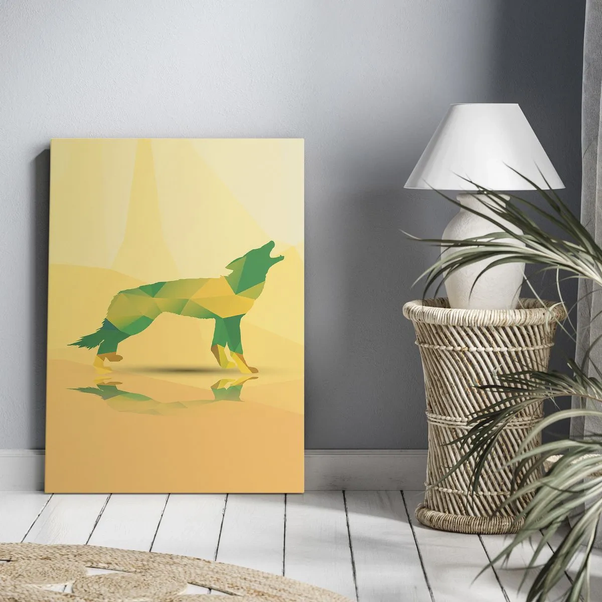 Impression sur toile - Image sur toile - Silhouette de loup géométrique dans les tons verts et jaunes - 50x70cm - Loup solitaire - Décoration murale moderne pour le salon et la chambre ARTTOR
