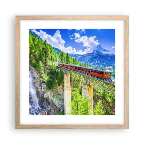 Affiche dans un chêne clair - Poster - Train dans les Alpes - 40x40 cm