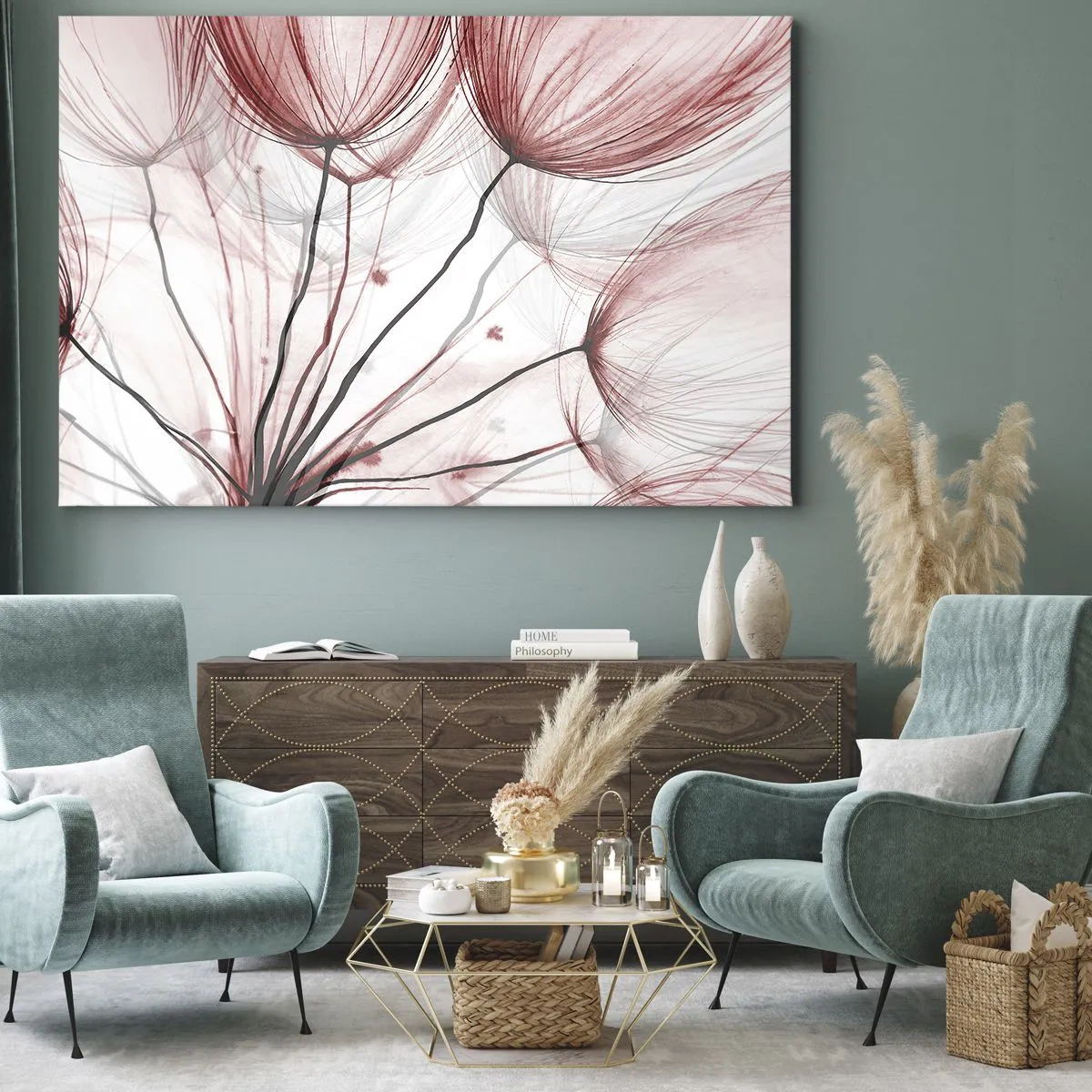 Impression sur toile - Image sur toile - Fleurs délicates dans des tons de rouge sur fond clair - 120x80cm - Avant le départ - Décoration murale moderne pour le salon et la chambre ARTTOR