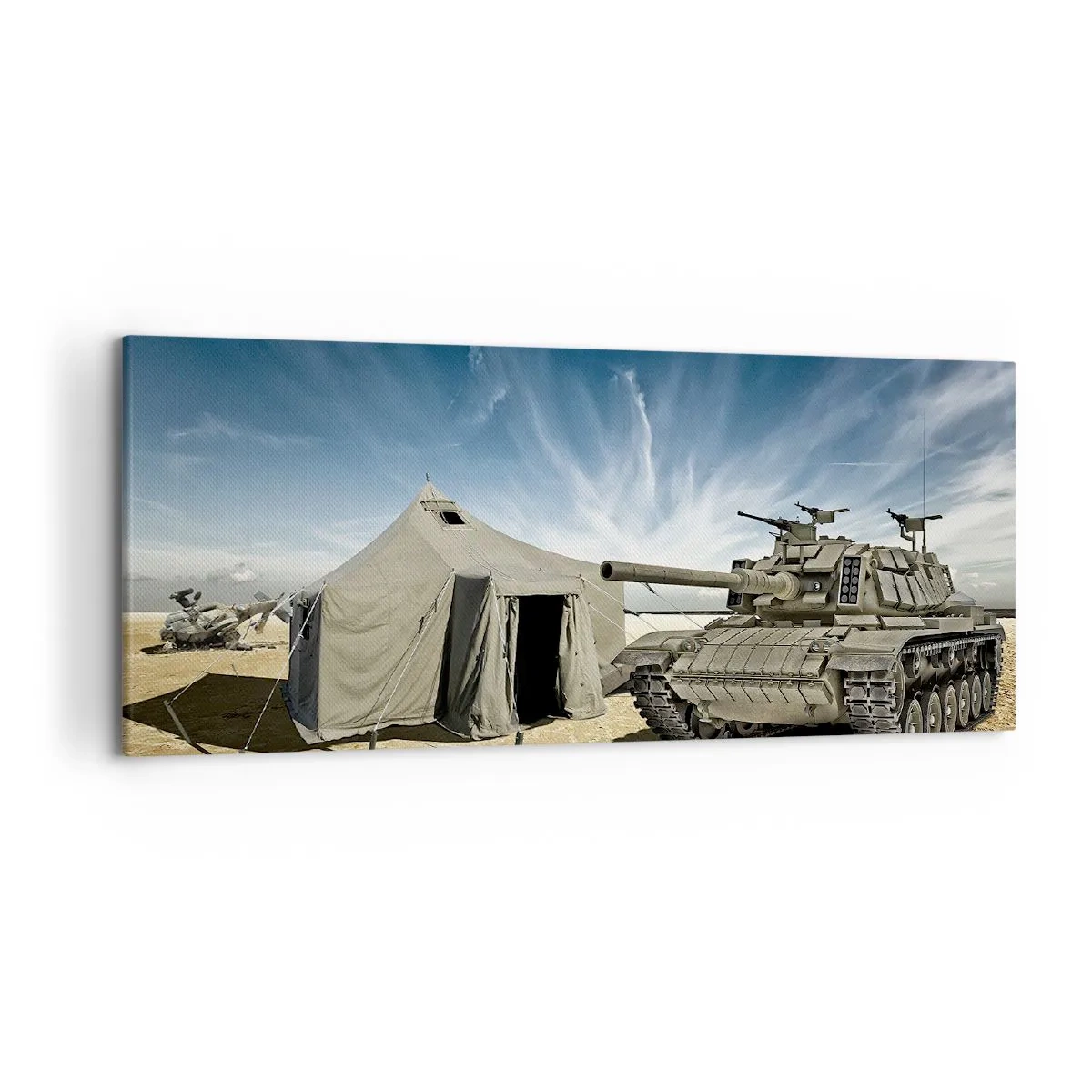Impression sur toile - Image sur toile - Un char à côté d'une tente militaire dans une zone désertique - 120x50cm - Un rêve militaire - Décoration murale moderne pour le salon et la chambre ARTTOR