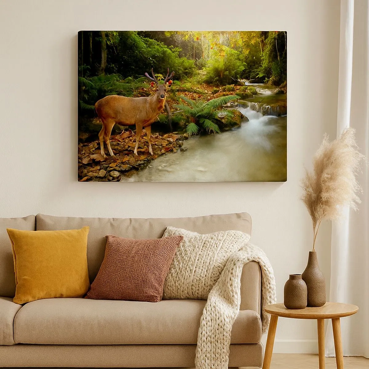 Impression sur toile - Image sur toile - Un cerf près d'un ruisseau entouré de verdure dans la forêt - 70x50cm - Bienvenue dans mon monde - Décoration murale moderne pour le salon et la chambre ARTTOR